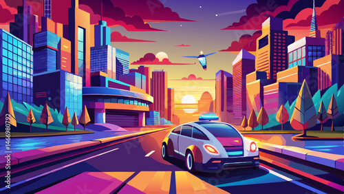 Futuristic selfdriving vehicle navigating through a vibrant urban landscape during sunset