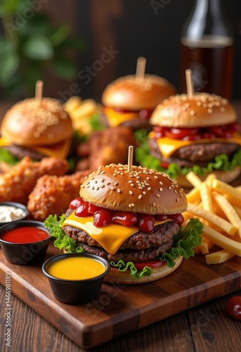 colorful fast food platter delicious fries burgers chicken wings variety dipping sauces lively appetizing freshly prepared, meal, restaurant, snack, cuisine