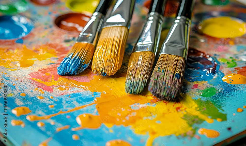 Fototapeta premium Close-up of Paintbrushes on a Colorful Palette