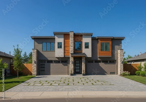 A modern duplex with stone accents and a patterned driveway under a clear blue sky in a suburban setting