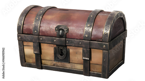 Antique Wooden Treasure Chest with Dark Metal Accents and Leather Straps on a Transparent Background