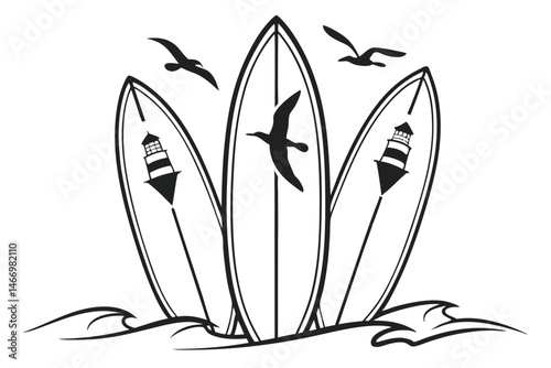 111 Minimalist surfboard design, black and white silhouettes, three elongated shapes, symmetrical arrangement, clean lines, simple geometric forms, surf culture icon, graphic design element, monochrom