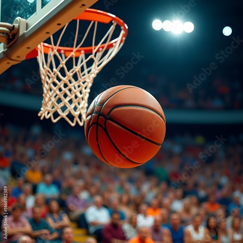 Basketball hoop with ball going through net, close-up shot