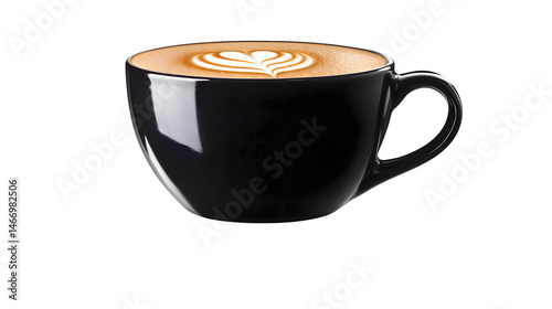 Black Coffee Cup with Latte Art Heart Design on a Transparent Background