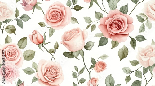 Wallpaper Mural Seamless pattern with pink roses and green leaves on a white background, watercolor illustration in a hand-drawn style, pastel color palette, soft lighting, elegant aesthetic, wallpaper  Torontodigital.ca