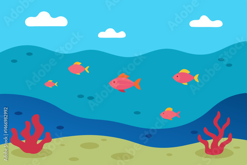 shallow bay with scattered coral and colorful fish.svg