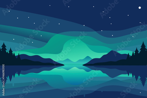shimmering nighttime lake with aurora reflecting 