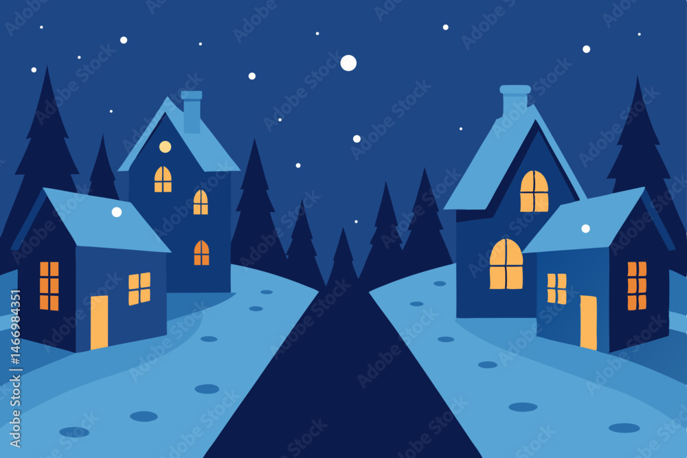 Naklejka premium snowy village street with glowing windows and soft.svg