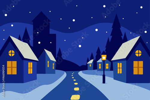 snowy village street with glowing windows 
