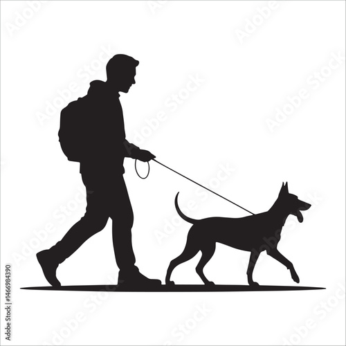 Man walking dog on leash silhouette illustration isolated on white background vector.