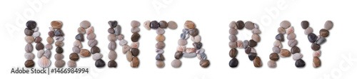 The word "MANTA RAY" is lined with shells and stones of different shapes and colors on a transparent background. Types of fish and seafood, price tag, sea food, fish market, sea alphabet.
