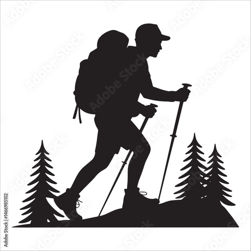Hiker silhouette with backpack and trekking pole, mountain hiking adventure vector.