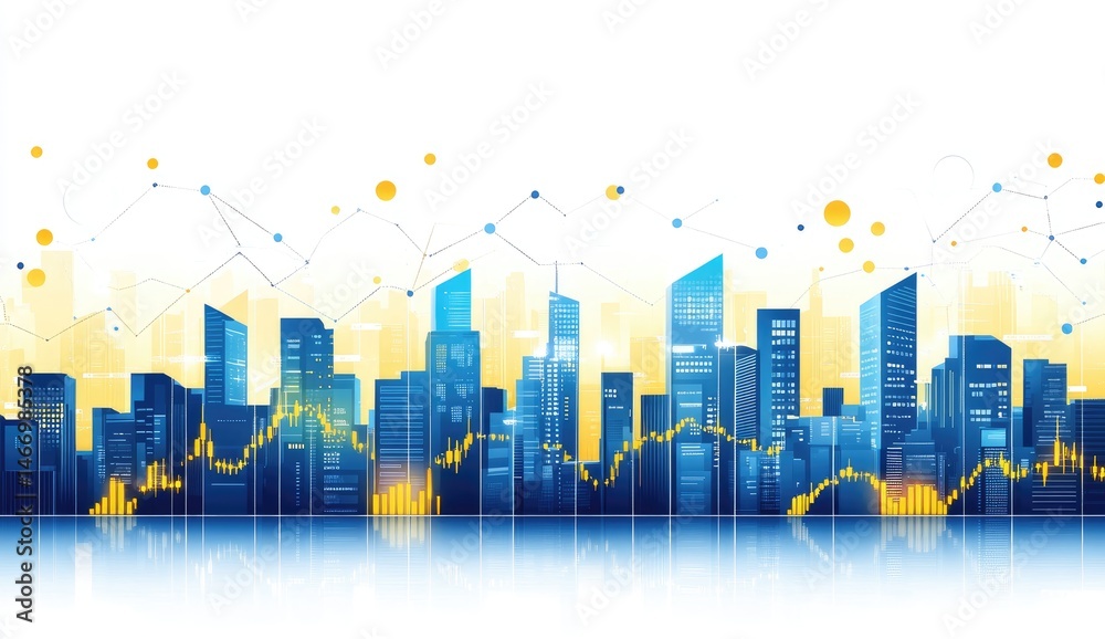 A cityscape with financial data overlaid. Modern buildings in shades of blue and gold, with financial charts and graphs. The graphic depicts a city's economic growth A cityscape with financial data overlaid. Modern buildings in shades of blue and gold, with financial charts and graphs. The graphic depicts a city's economic growth
