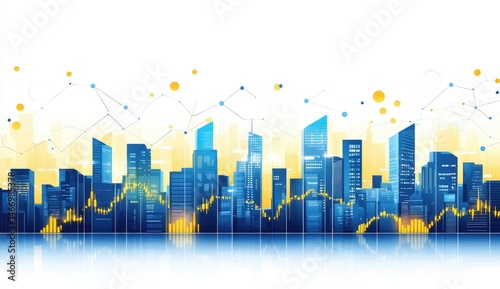 Wallpaper Mural A cityscape with financial data overlaid.  Modern buildings in shades of blue and  gold, with financial charts and graphs.  The graphic depicts a city's economic growth Torontodigital.ca
