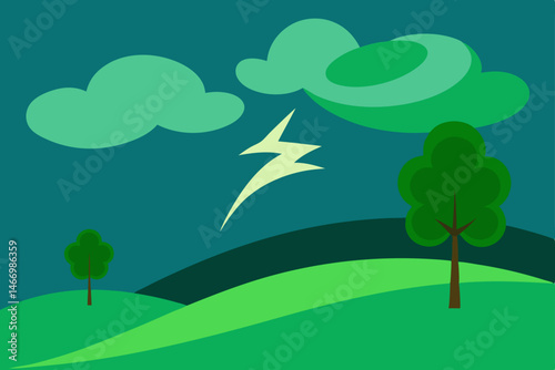 storm approaching over green hills with trees 