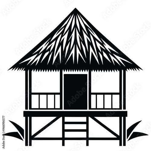 Traditional Village House Silhouette Vector with Thatched Roof and Mud Walls Representing Rural Lifestyle and Native Architecture