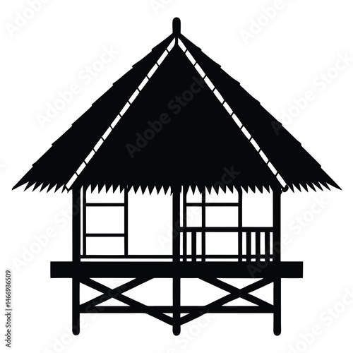 Traditional Village House Silhouette Vector with Thatched Roof and Mud Walls Representing Rural Lifestyle and Native Architecture