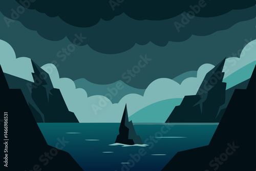 stormy fjord landscape with dark water and jagged  