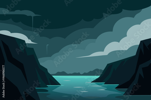 stormy fjord landscape with dark water and jagged .svg