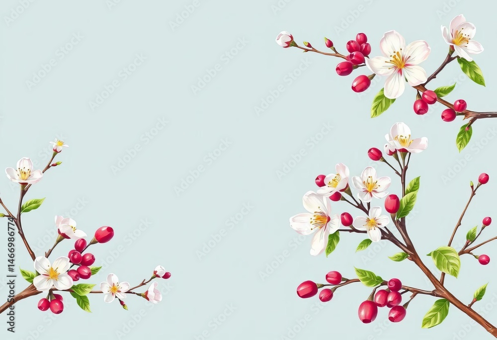 Naklejka premium Spring rectangular banner with hand-drawn blossom branches and berries Plenty of copy space, bright, branches