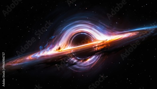 Epic deep space black hole with glowing accretion disk, swirling plasma, and gravitational lensing in a dramatic cosmic environment