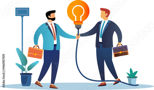 Business connection, teamwork collaboration, join force or agreement for success, partnership communication or customer support concept, businessman partner handshake on connecting electric plug. 