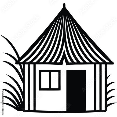 Traditional Village House Silhouette Vector with Thatched Roof and Mud Walls Representing Rural Lifestyle and Native Architecture
