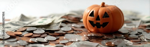 Halloween pumpkin surrounded by coins and cash creates a festive atmosphere for the holiday season
