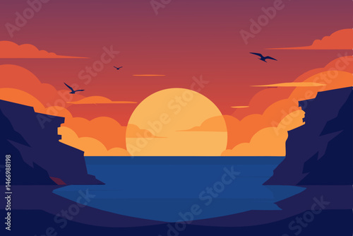 sunset behind ocean cliffs with seabirds gliding 