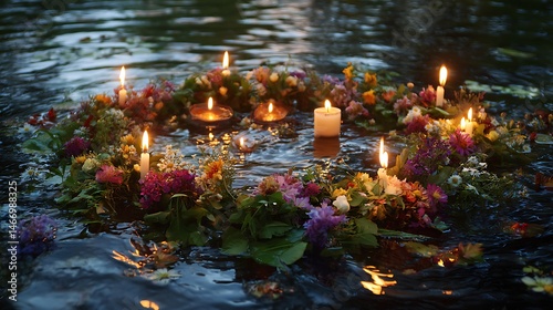Flower wreath with candles floating on water, summer solstice day, midsummer, litha, ivan kupala celebration, slavic pagan holiday, wiccan ritual, witchcore aesthetics