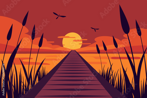 sunset lit boardwalk through marshes with cattails 
