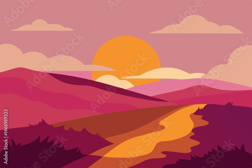 sunset over a highland moor with blooming heather  