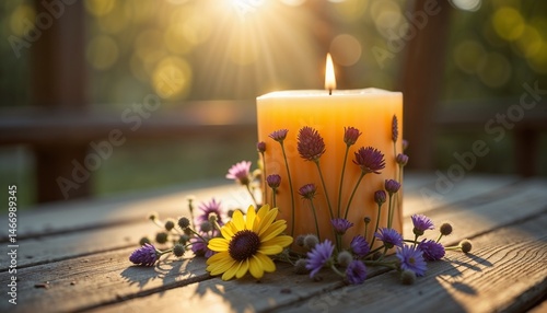 A glowing candle surrounded by wildflowers on a wooden table with sunlight