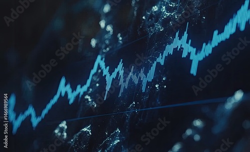 Abstract stock market graph, dark background,  complex data visualization. Detailed, fluctuating line chart,  deep blue hues,  technical indicators,  high contrast,  rocky texture overlay