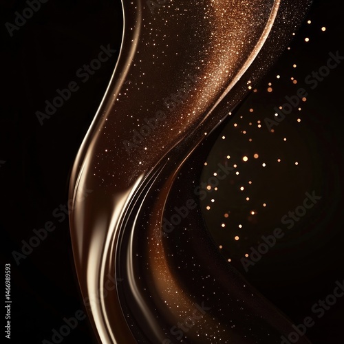 Swirling bronze liquid with gold glitter on black background
