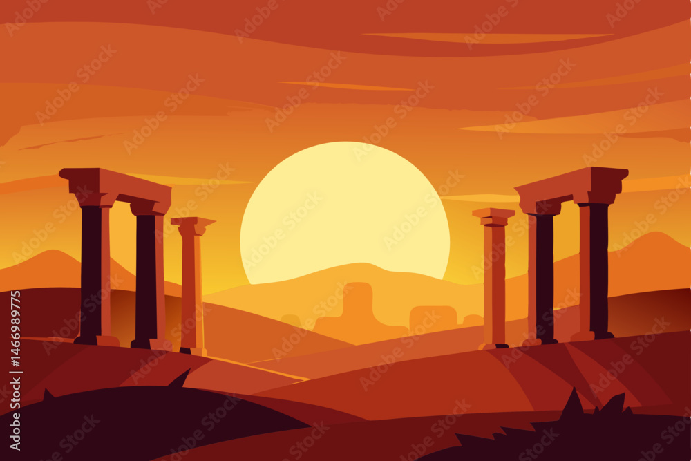 Fototapeta premium sunset over desert ruins with ancient columns 