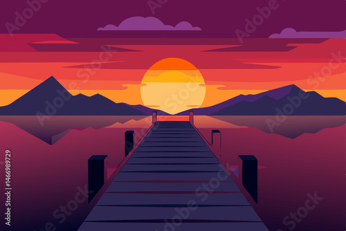 sunset over an old wooden pier with distant mountain