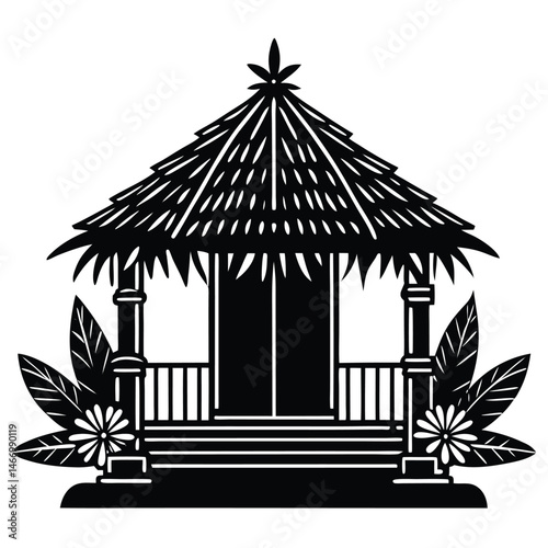Traditional Village House Silhouette Vector with Thatched Roof and Mud Walls Representing Rural Lifestyle and Native Architecture