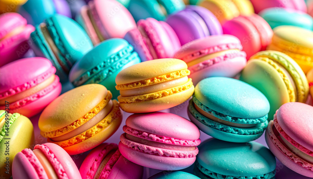Fototapeta premium Colorful macarons displayed in close-up dessert photography bright studio environment