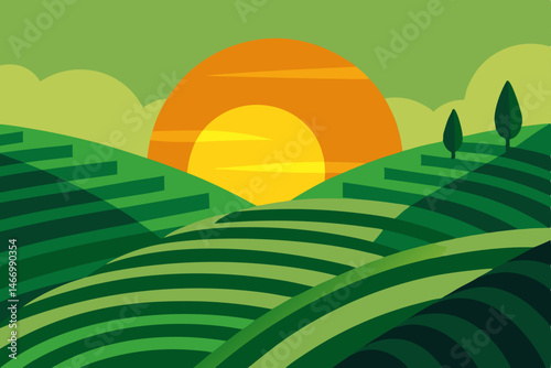sunset over terraced tea hills with glowing green .svg