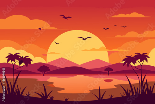 sunset over tropical wetlands with flocks of birds.svg