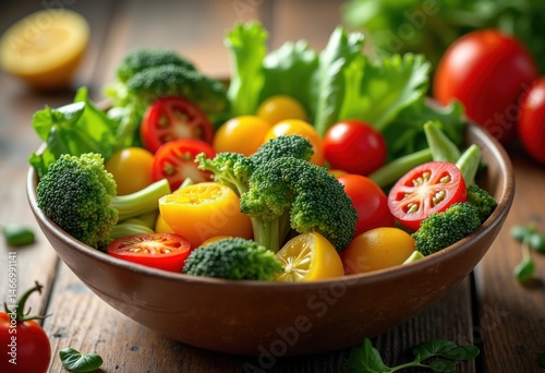 vibrant colorful salad bowl fresh ingredients crisp vegetables green leaves bright peppers juicy tomatoes healthy eating, lettuce, cucumber, carrot, radish