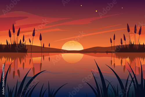 sunset sky mirrored in a quiet wetland full of ree.svg