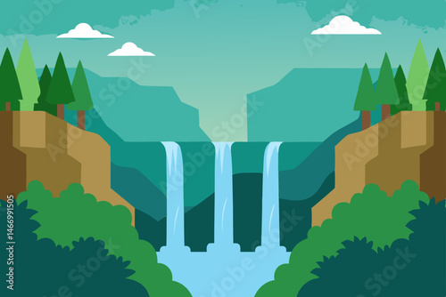 towering cliffs with waterfalls cascading into 