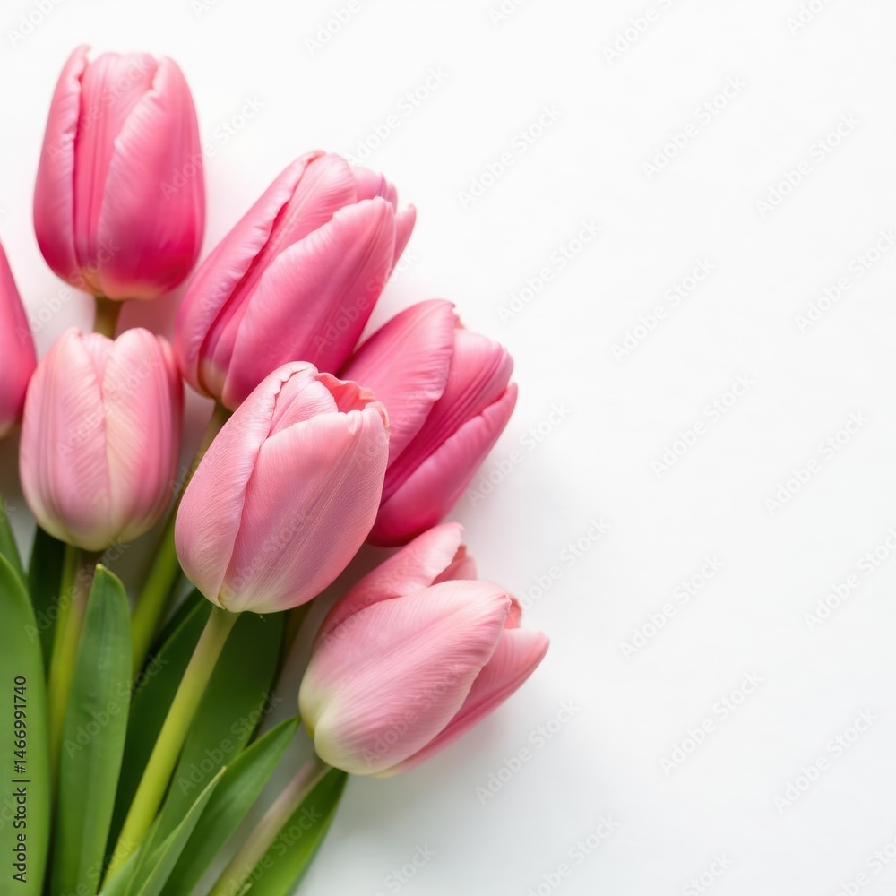 Fototapeta premium A cluster of pink tulips on pure white, soft focus , floral, spring, blossom