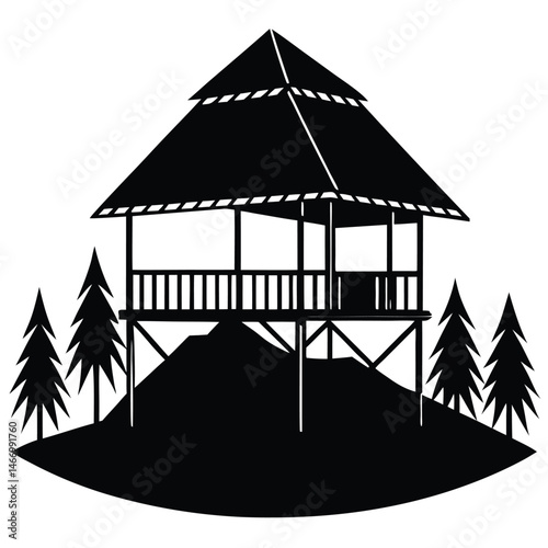 Traditional Village House Silhouette Vector with Thatched Roof and Mud Walls Representing Rural Lifestyle and Native Architecture