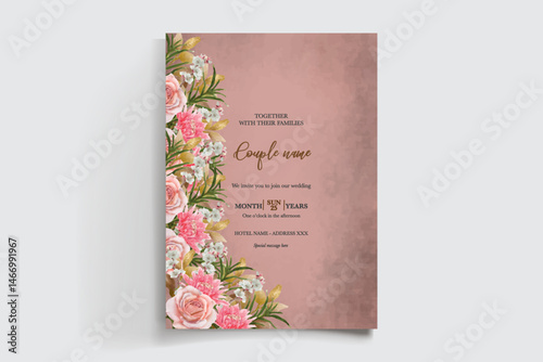WEDDING INVITATION FRAME WITH FLOWER DECORATIONS AND FRESH LEAVES