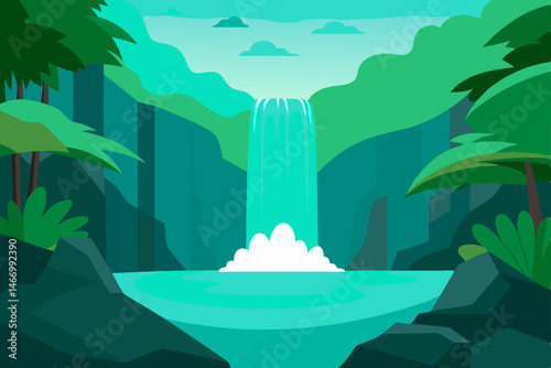 tranquil jungle waterfall cascading into a hidden