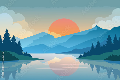 tranquil lakeside sunrise with fog rising 