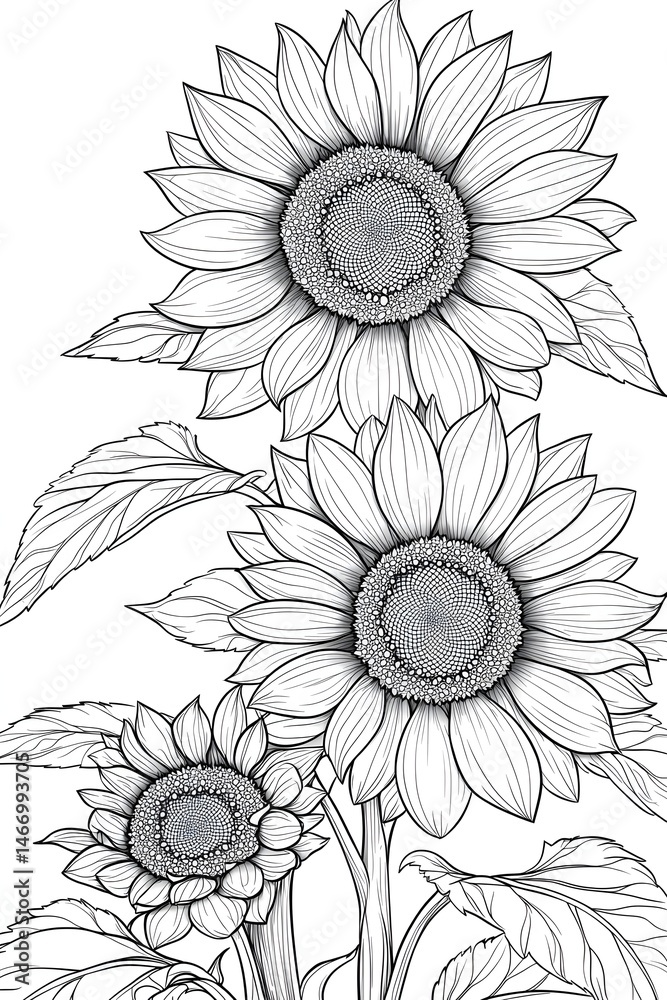 Fototapeta premium Sunflowers in monochrome line art design Generative AI
